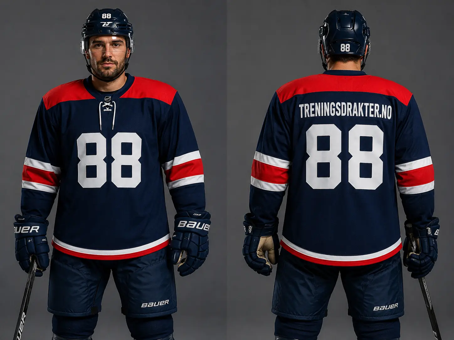 Marineblå hockeydrakt med nummer 88 vist forfra og bakfra