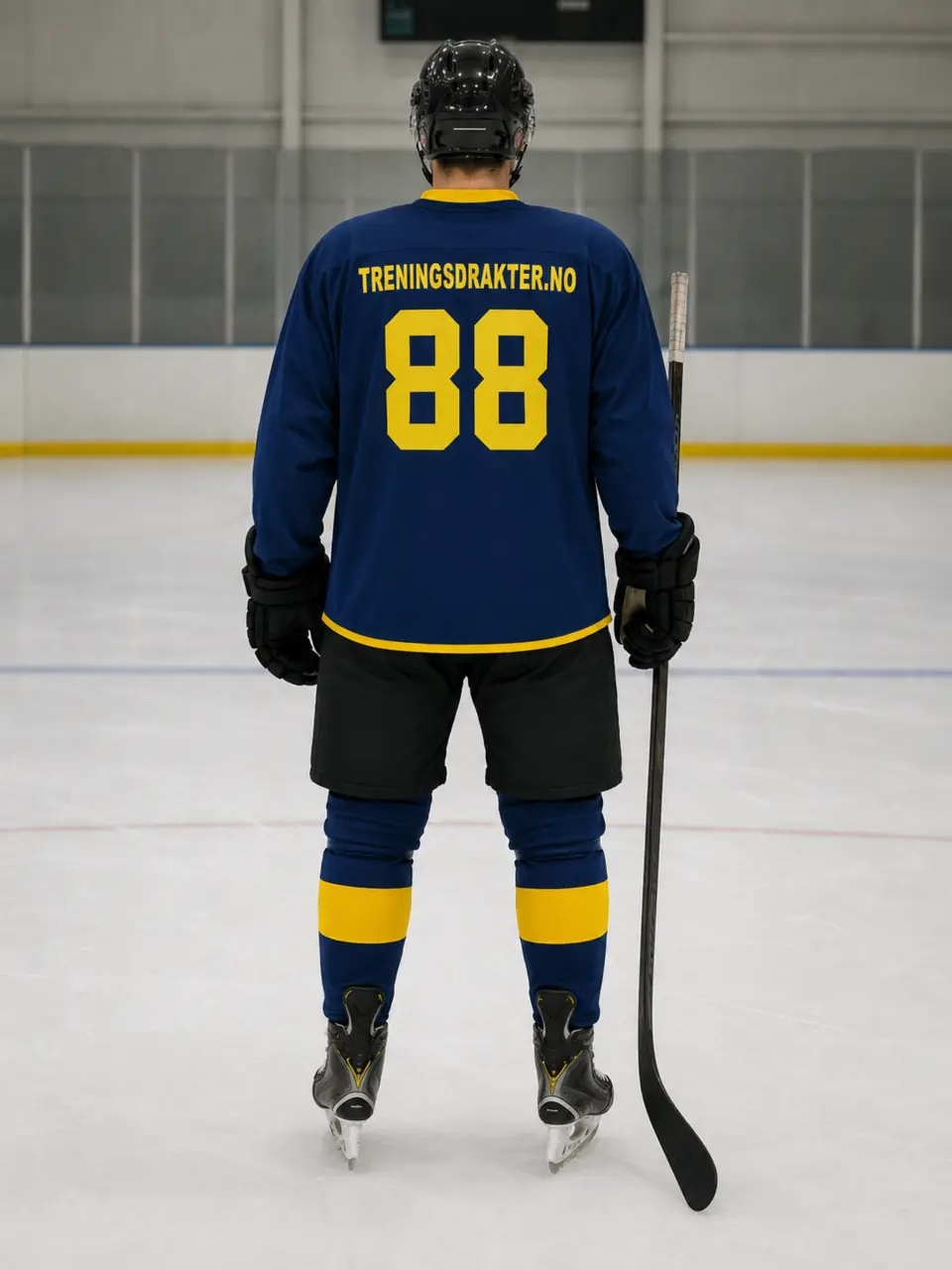 Blå reversible hockeydrakt med gult nummer 88 sett bakfra
