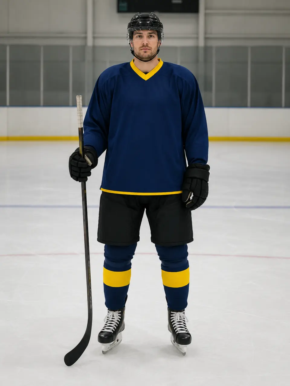 Hockeyspiller med blå reversible drakt og gule detaljer sett forfra