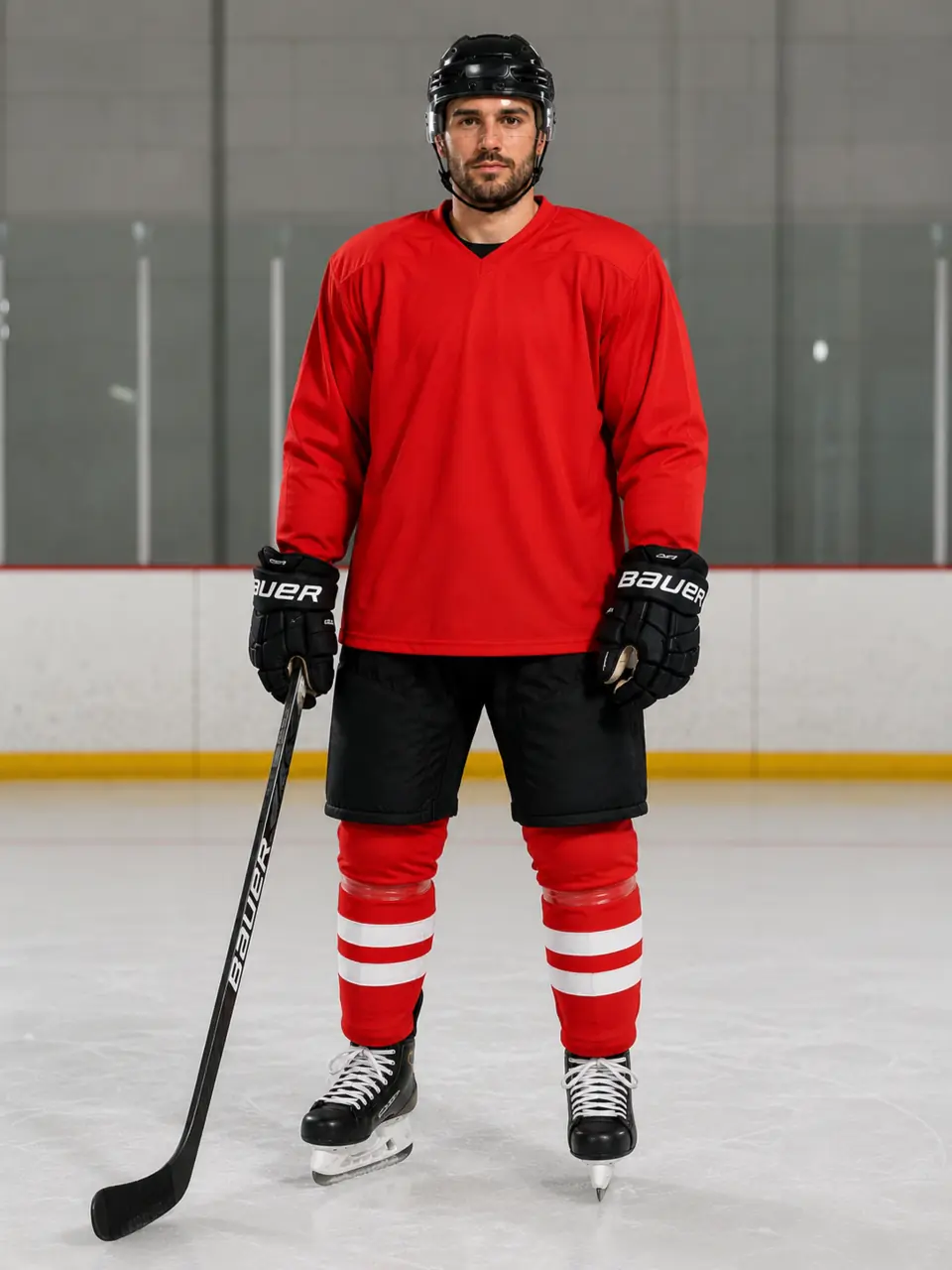 Rød standard treningsdrakt til hockey vist på spiller