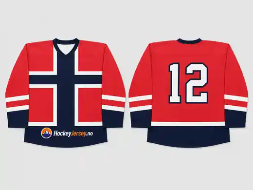 Norge-inspirert hockeydrakt vist forfra og bakfra i rødt, hvitt og marineblått